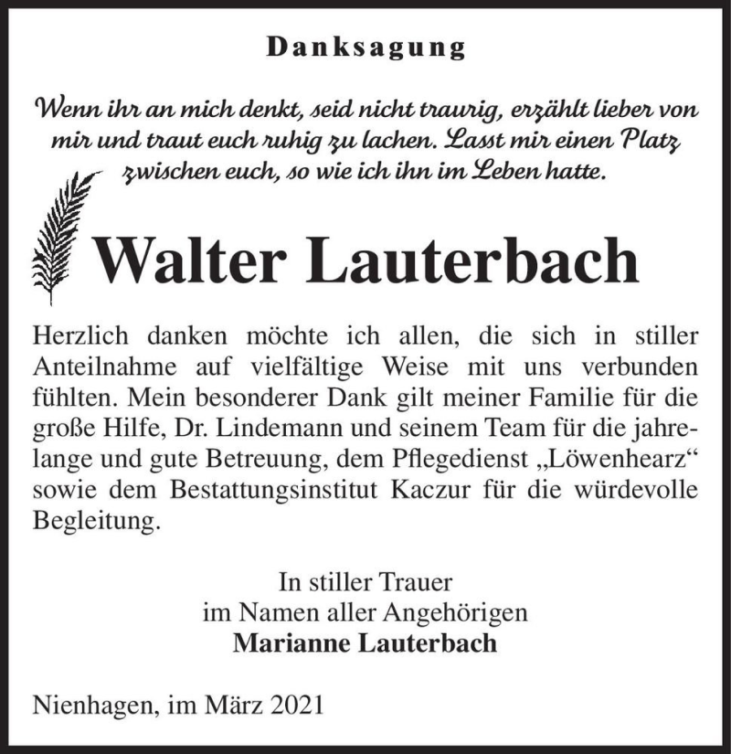  Traueranzeige für Walter Lauterbach  vom 06.03.2021 aus Magdeburger Volksstimme