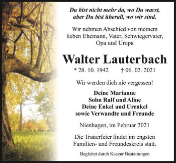Traueranzeige von Walter Lauterbach  von Magdeburger Volksstimme