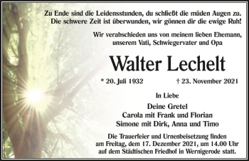 Traueranzeige von Walter Lechelt  von Magdeburger Volksstimme