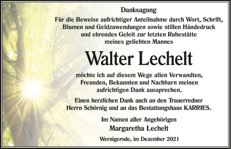  Traueranzeige für Walter Lechelt  vom 31.12.2021 aus Magdeburger Volksstimme