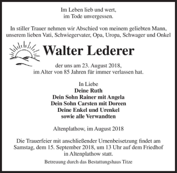 Traueranzeige von Walter Lederer  von Magdeburger Volksstimme