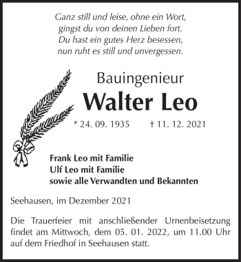 Traueranzeige von Walter Leo  von Magdeburger Volksstimme
