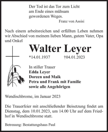 Traueranzeige von Walter Leyer  von Magdeburger Volksstimme