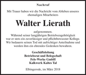 Traueranzeige von Walter Lierath  von Magdeburger Volksstimme