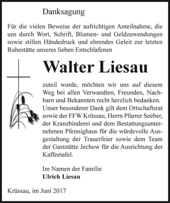 Traueranzeige von Walter Liesau  von Magdeburger Volksstimme