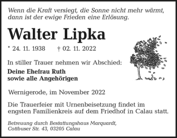 Traueranzeige von Walter Lipka  von Magdeburger Volksstimme