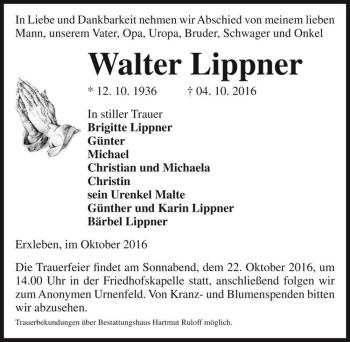 Traueranzeige von Walter Lippner  von Magdeburger Volksstimme