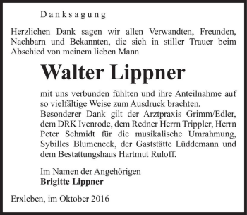 Traueranzeige von Walter Lippner  von Magdeburger Volksstimme