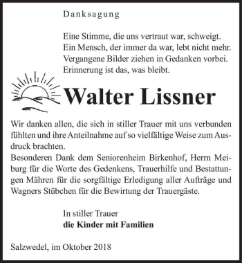 Traueranzeige von Walter Lissner  von Magdeburger Volksstimme