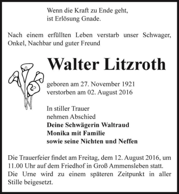 Traueranzeige von Walter Litzroth  von Magdeburger Volksstimme