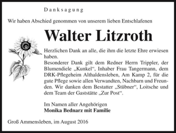 Traueranzeige von Walter Litzroth  von Magdeburger Volksstimme