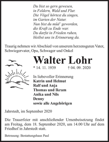 Traueranzeige von Walter Lohr  von Magdeburger Volksstimme