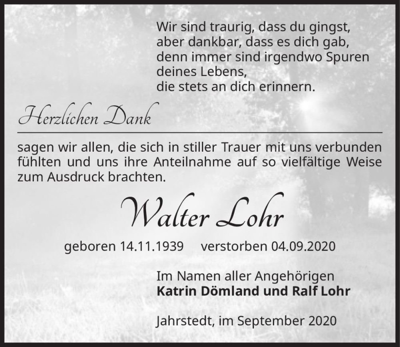  Traueranzeige für Walter Lohr  vom 30.09.2020 aus Magdeburger Volksstimme