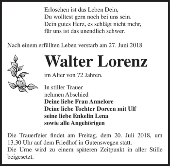 Traueranzeige von Walter Lorenz  von Magdeburger Volksstimme