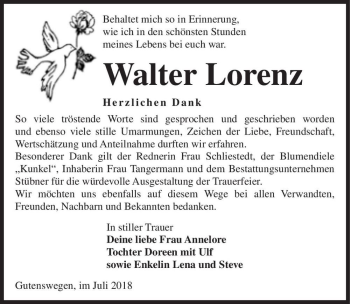 Traueranzeige von Walter Lorenz  von Magdeburger Volksstimme