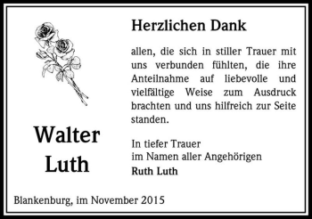 Traueranzeige von Walter Luth  von Magdeburger Volksstimme