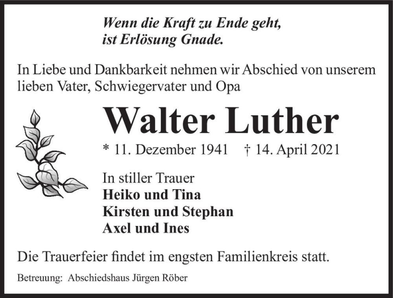  Traueranzeige für Walter Luther  vom 24.04.2021 aus Magdeburger Volksstimme