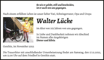 Traueranzeige von Walter Lücke  von Magdeburger Volksstimme