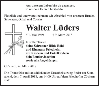 Traueranzeige von Walter Lüders  von Magdeburger Volksstimme