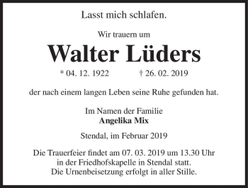 Traueranzeige von Walter Lüders  von Magdeburger Volksstimme