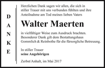 Traueranzeige von Walter Maerten  von Magdeburger Volksstimme