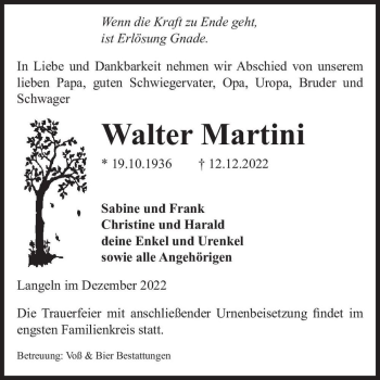 Traueranzeige von Walter Martini  von Magdeburger Volksstimme