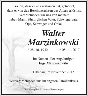 Traueranzeige von Walter Marzinkowski  von Magdeburger Volksstimme