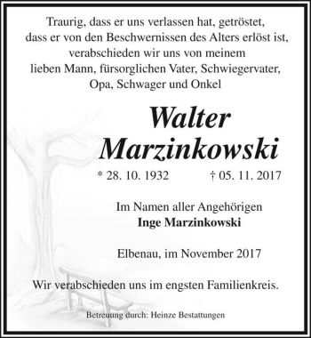 Traueranzeige von Walter Marzinkowski  von Magdeburger Volksstimme