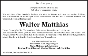 Traueranzeige von Walter Matthias  von Magdeburger Volksstimme