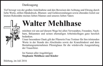 Traueranzeige von Walter Mehlhase  von Magdeburger Volksstimme