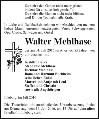 Traueranzeige von Walter Mehlhase  von Magdeburger Volksstimme