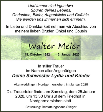 Traueranzeige von Walter Meier  von Magdeburger Volksstimme