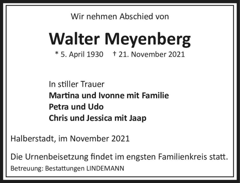  Traueranzeige für Walter Meyenberg  vom 27.11.2021 aus Magdeburger Volksstimme
