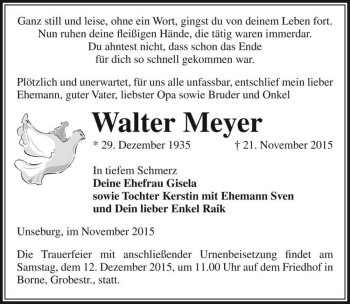 Traueranzeige von Walter Meyer  von Magdeburger Volksstimme