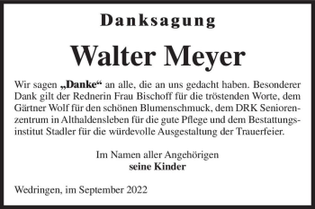 Traueranzeige von Walter Meyer  von Magdeburger Volksstimme