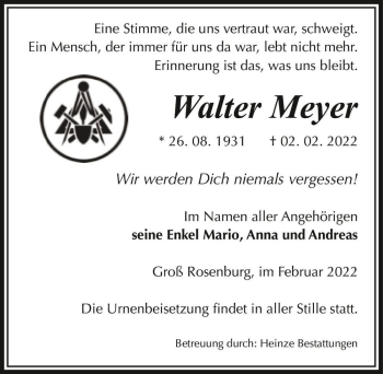 Traueranzeige von Walter Meyer  von Magdeburger Volksstimme
