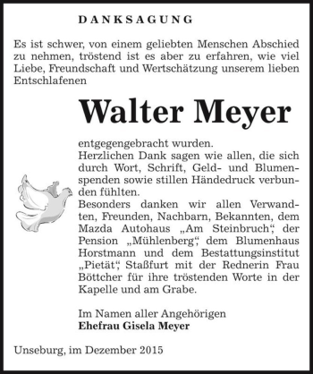 Traueranzeige von Walter Meyer  von Magdeburger Volksstimme