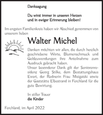Traueranzeige von Walter Michel  von Magdeburger Volksstimme