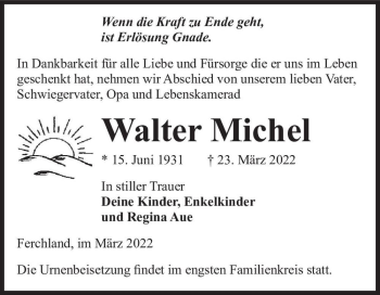 Traueranzeige von Walter Michel  von Magdeburger Volksstimme