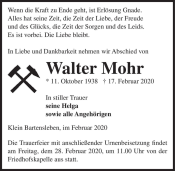 Traueranzeige von Walter Mohr  von Magdeburger Volksstimme