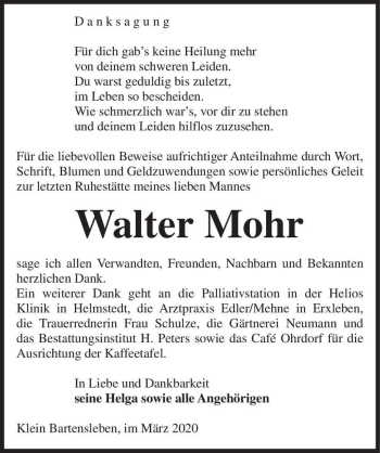 Traueranzeige von Walter Mohr  von Magdeburger Volksstimme