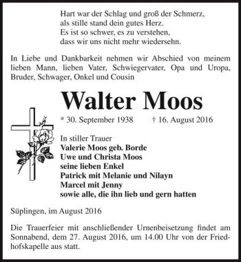 Traueranzeige von Walter Moos  von Magdeburger Volksstimme