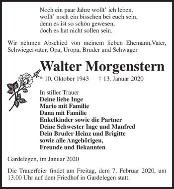 Traueranzeige von Walter Morgenstern  von Magdeburger Volksstimme