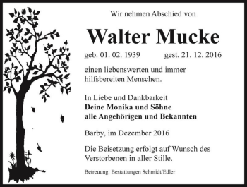 Traueranzeige von Walter Mucke  von Magdeburger Volksstimme