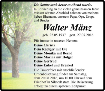 Traueranzeige von Walter Mänz  von Magdeburger Volksstimme