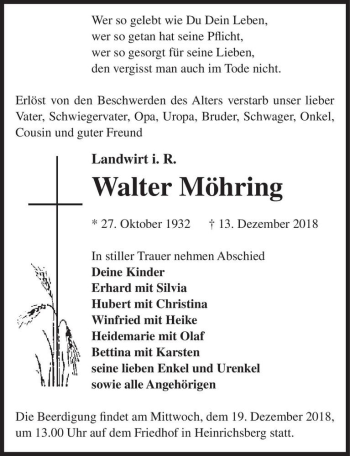 Traueranzeige von Walter Möhring  von Magdeburger Volksstimme
