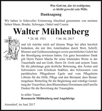 Traueranzeige von Walter Mühlenberg  von Magdeburger Volksstimme