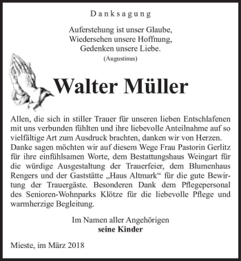 Traueranzeige von Walter Müller  von Magdeburger Volksstimme