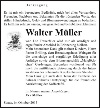 Traueranzeige von Walter Müller  von Magdeburger Volksstimme