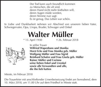 Traueranzeige von Walter Müller  von Magdeburger Volksstimme
